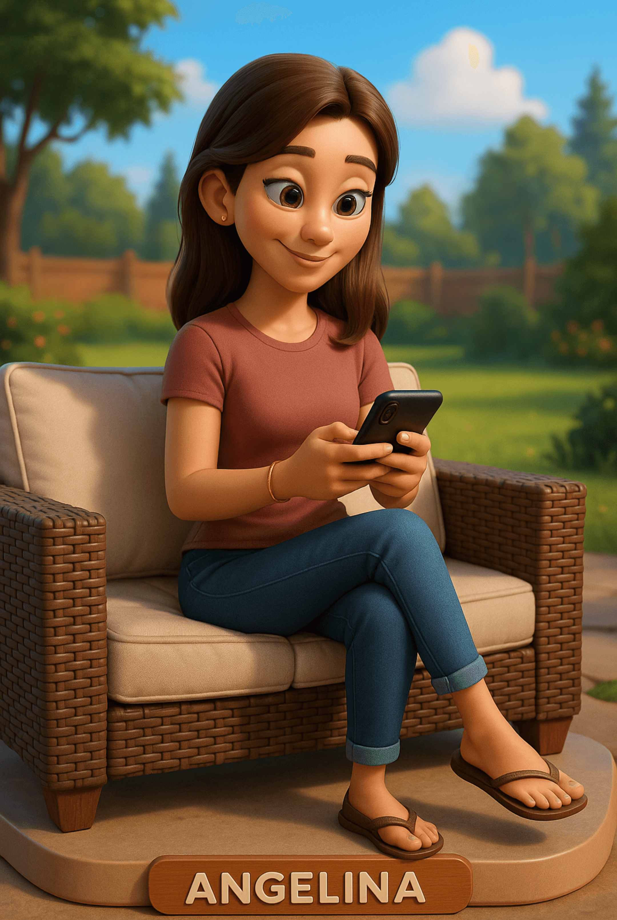 AI generated image of a female user looking at her phone and laughing